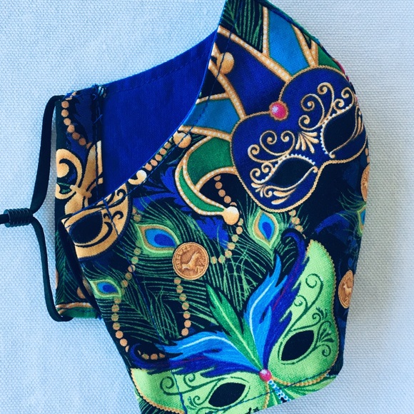 HAND CRAFTED FACE MASK GREENS GOLD BLUE MARDI GRAS - Picture 4 of 7